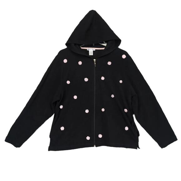 Vtg Y2K Cotton Couture Women's XL Pink Rosettes Full-Zip Black Hoodie Jacket - Picture 1 of 5